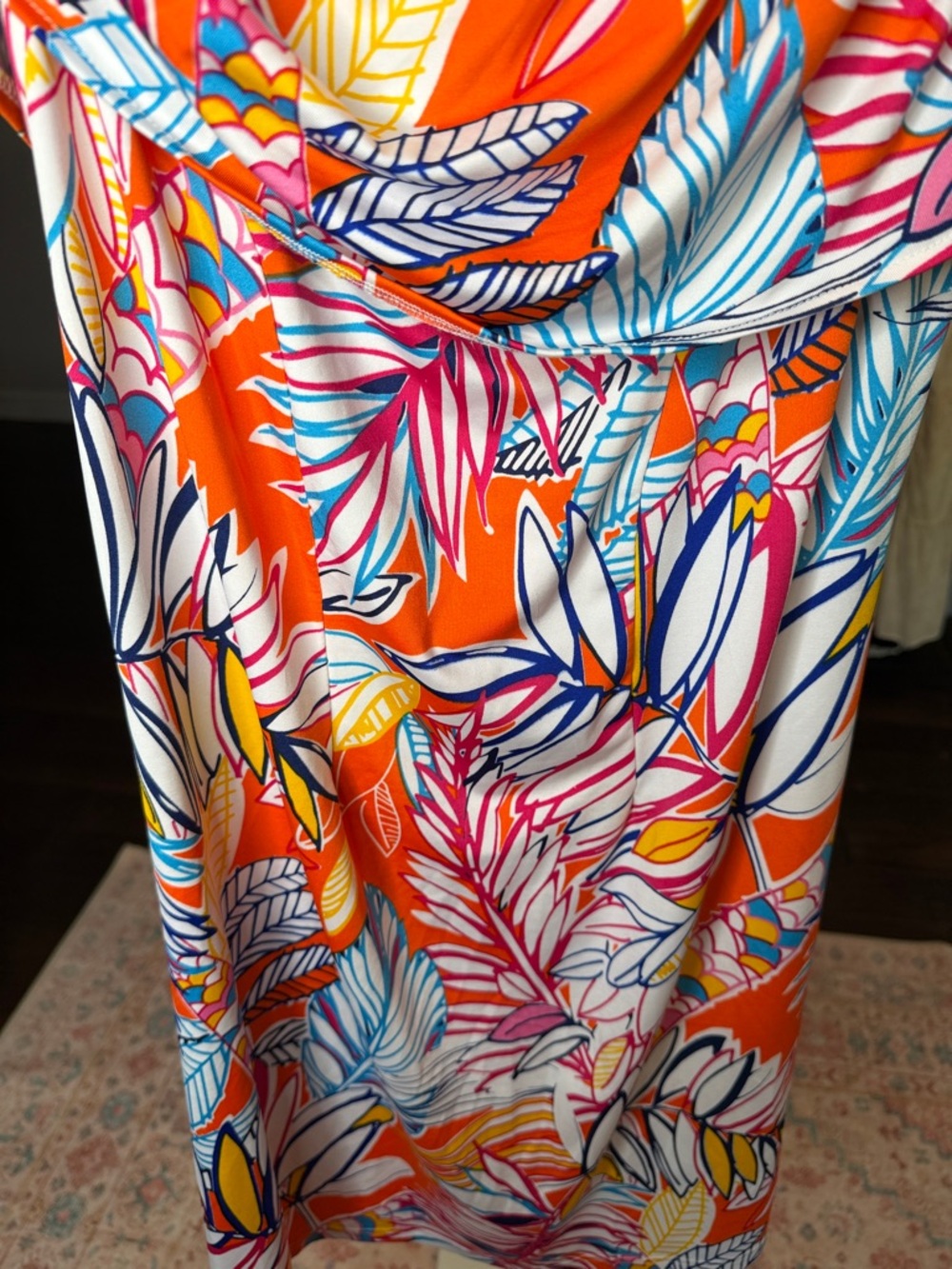 Off-Shoulder Tropical Print Mini Dress in Orange - Picture 3 of 3